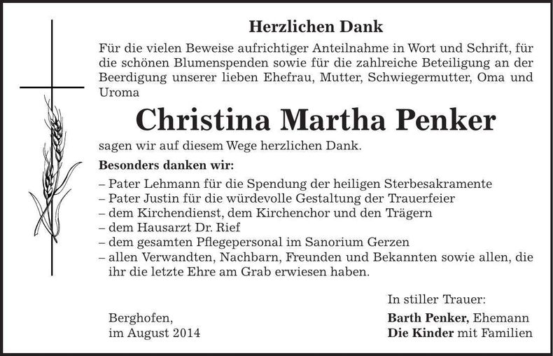 Traueranzeige Christina Martha Penker