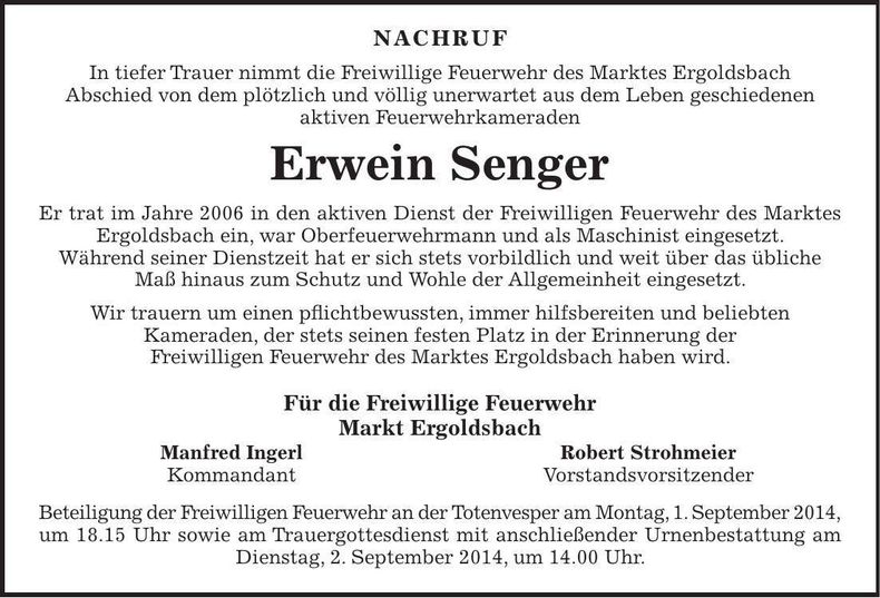 Traueranzeige Erwein Senger