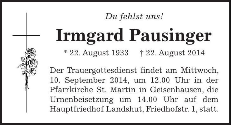Traueranzeige Irmgard Pausinger