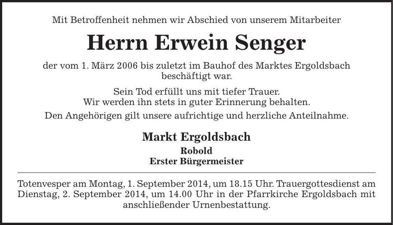 Traueranzeige Erwein Senger