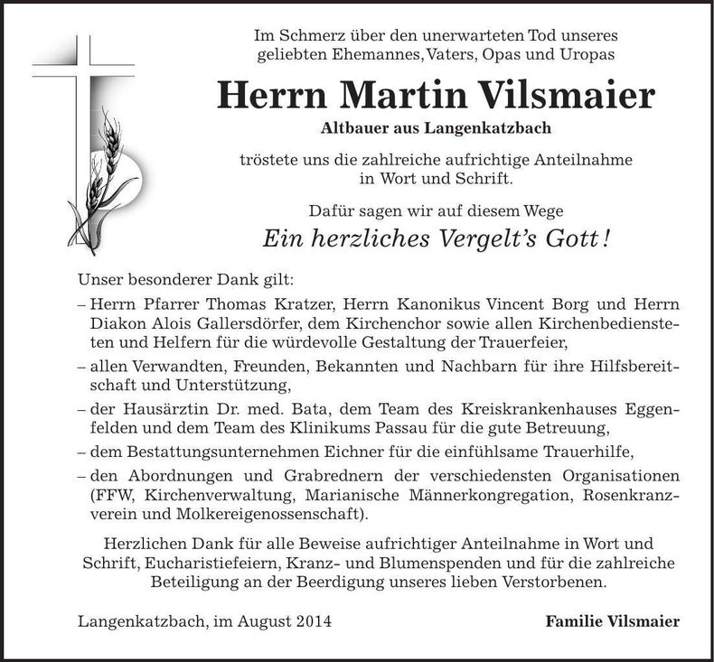 Traueranzeige Martin Vilsmaier