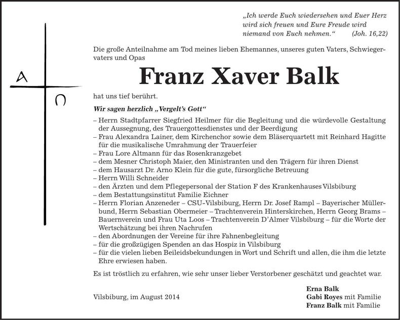 Traueranzeige Franz Xaver Balk