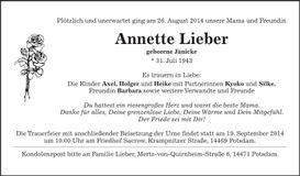 Traueranzeige Annette Lieber