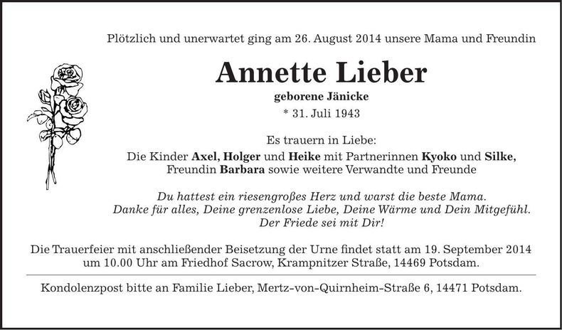 Traueranzeige Annette Lieber