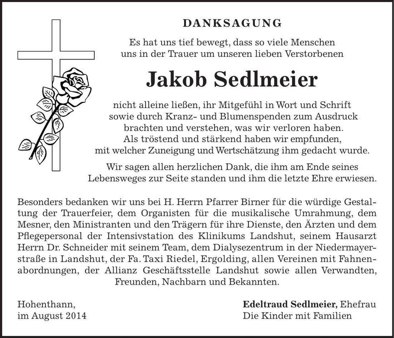 Traueranzeige Jakob Sedlmeier