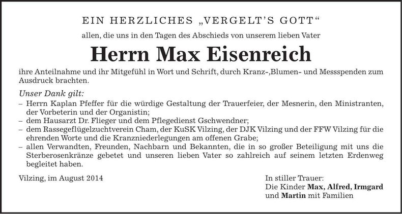 Traueranzeige Max Eisenreich