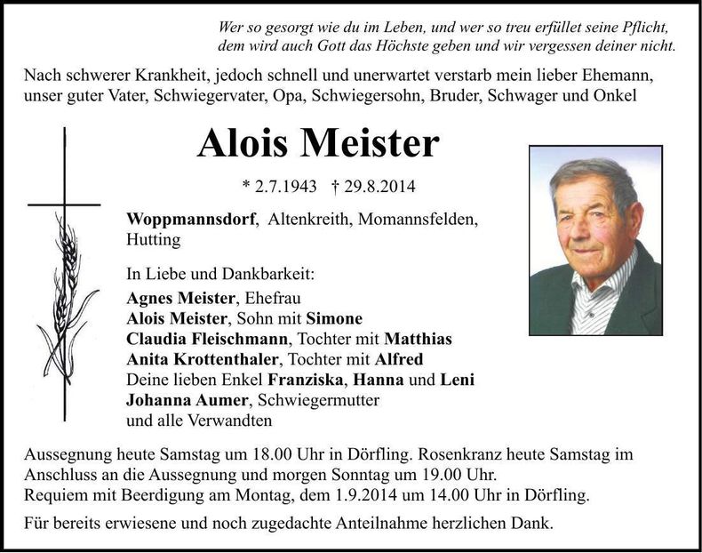 Traueranzeige Alois Meister