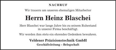 Traueranzeige Heinz Blaschei