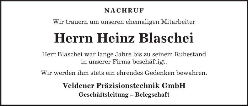 Traueranzeige Heinz Blaschei