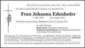 Traueranzeige Johanna Edenhofer