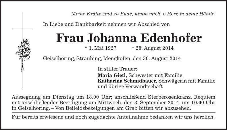Traueranzeige Johanna Edenhofer