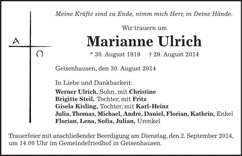 Traueranzeige Marianne Ulrich