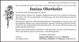 Traueranzeige Oberhofer Janina