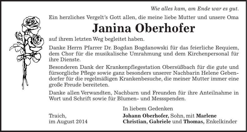 Traueranzeige Oberhofer Janina