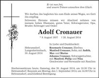 Traueranzeige Adolf Cronauer