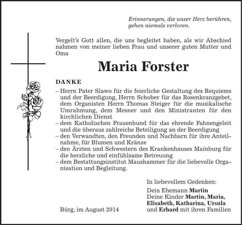 Traueranzeige Maria Forster