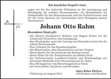 Traueranzeige Johann Otto Rahm
