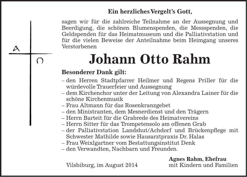 Traueranzeige Johann Otto Rahm