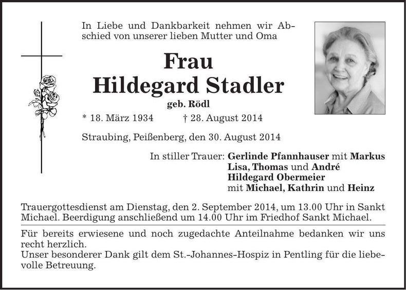 Traueranzeige Hildegard Stadler