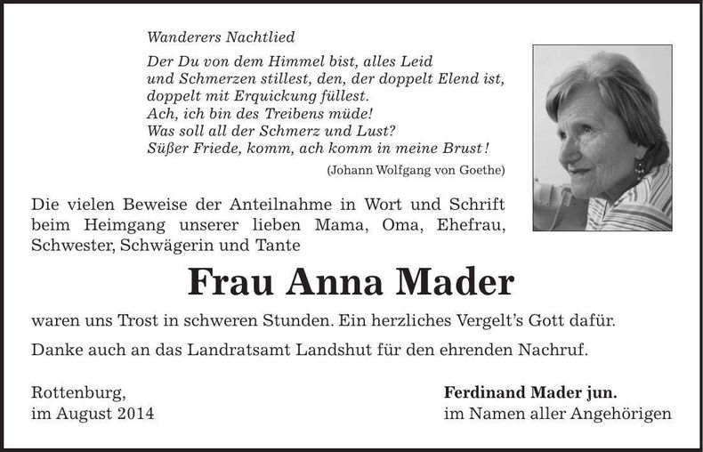 Traueranzeige Anna Mader