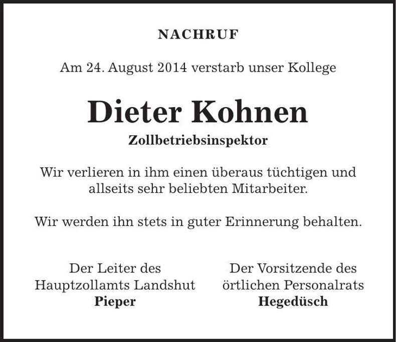 Traueranzeige Dieter Kohnen