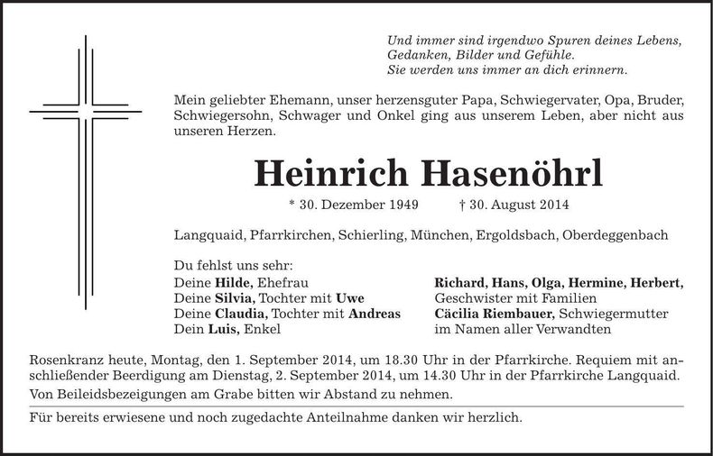 Traueranzeige Heinrich Hasenöhrl