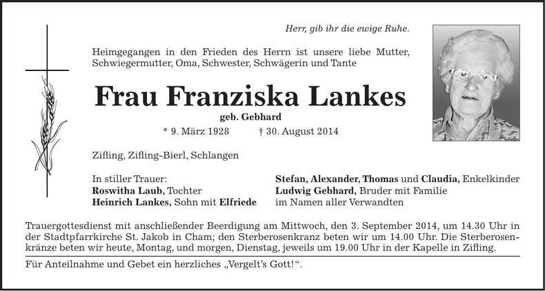 Traueranzeige Franziska Lankes