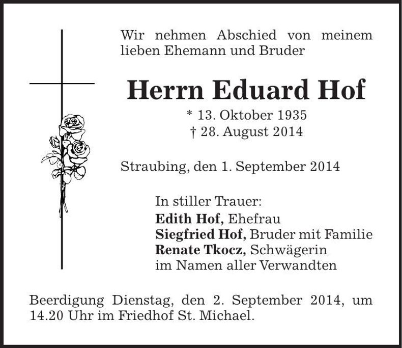 Traueranzeige Eduard Hof