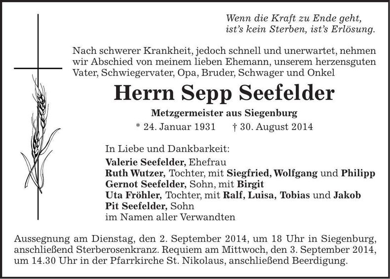 Traueranzeige Sepp Seefelder