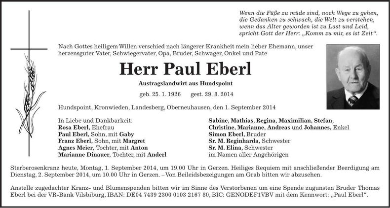 Traueranzeige Paul Eberl