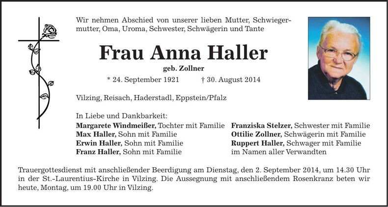Traueranzeige Anna Haller