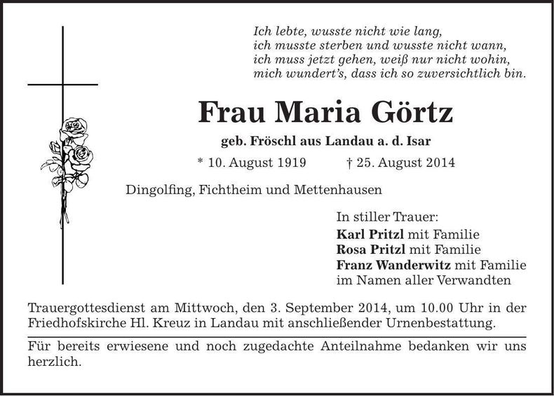 Traueranzeige Maria Görtz