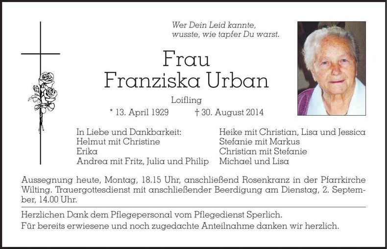 Traueranzeige Franziska Urban