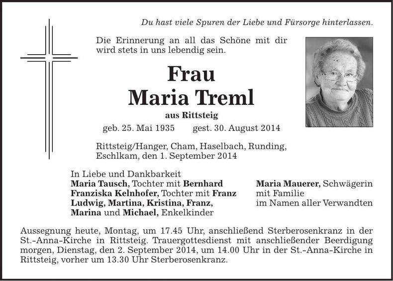 Traueranzeige Maria Treml