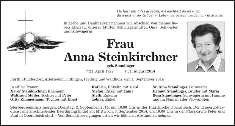 Traueranzeige Anna Steinkirchner