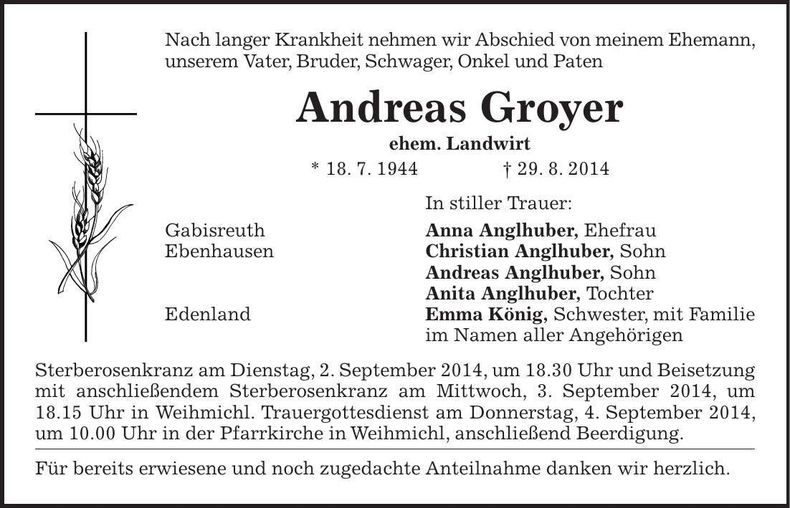 Traueranzeige Andreas Groyer