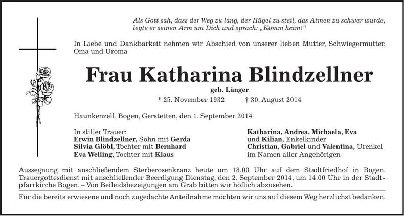 Traueranzeige Katharina Blindzellner