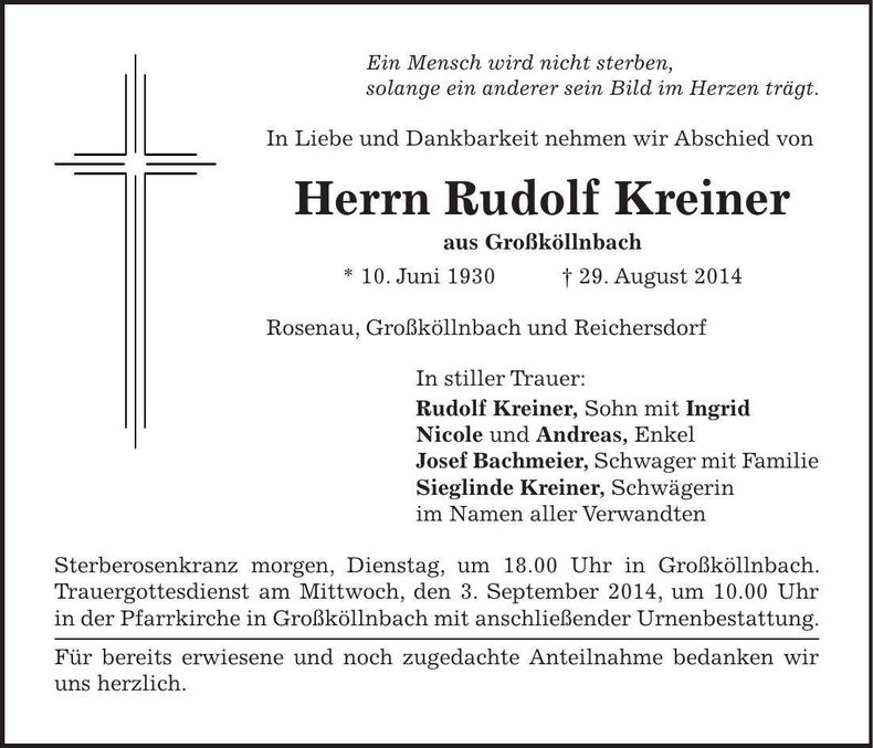 Traueranzeige Rudolf Kreiner