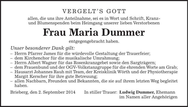 Traueranzeige Maria Dummer