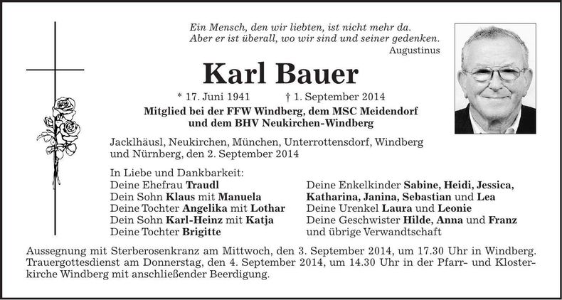 Traueranzeige Karl Bauer