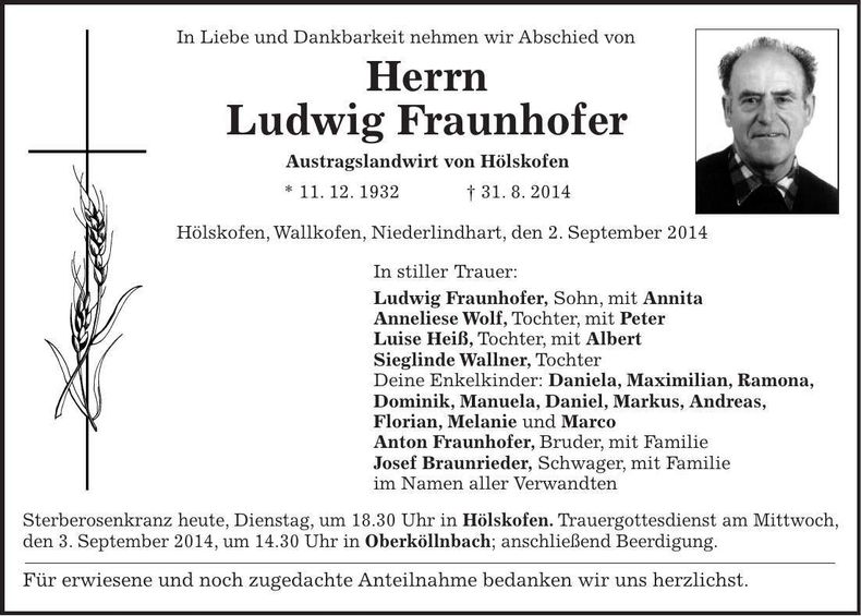 Traueranzeige Ludwig Fraunhofer