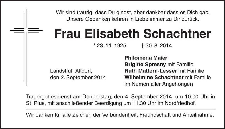 Traueranzeige Elisabeth Schachtner