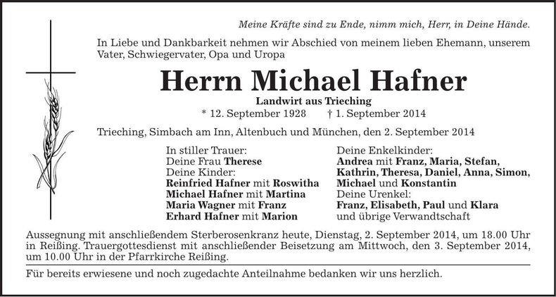 Traueranzeige Michael Hafner