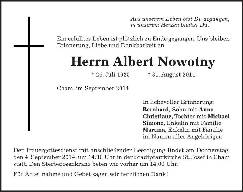 Traueranzeige Nowotny Albert