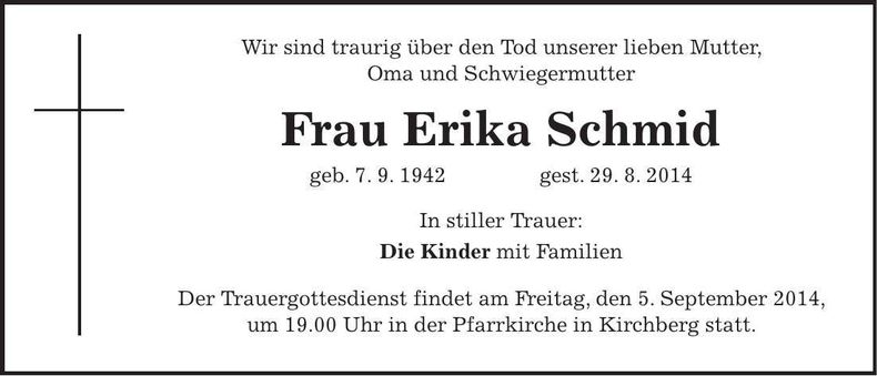 Traueranzeige Erika Schmid