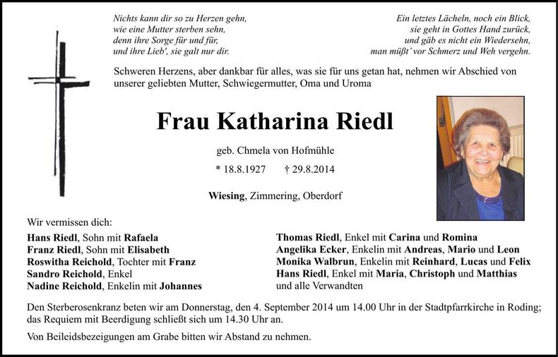 Traueranzeige Katharina Riedl