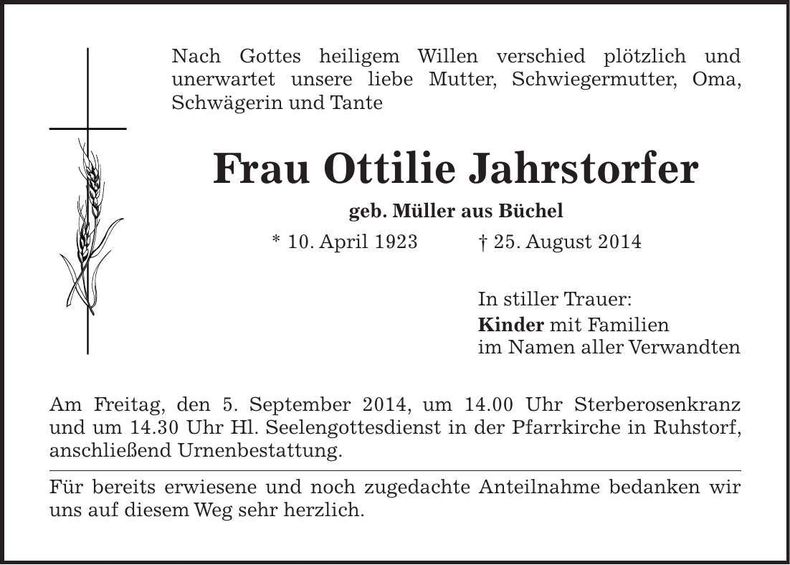 Traueranzeige Ottilie Jahrstorfer