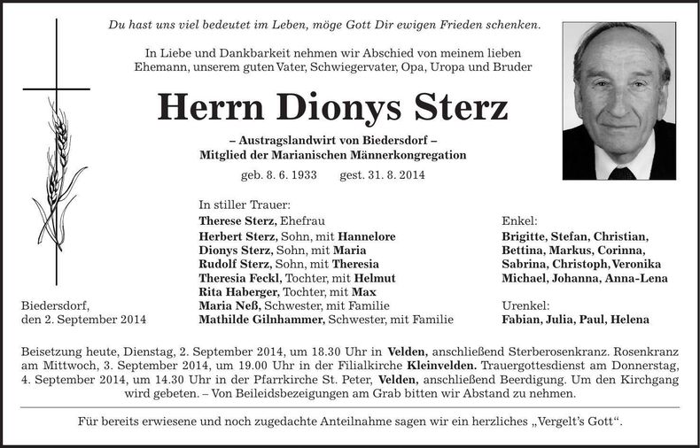 Traueranzeige Dionys Sterz