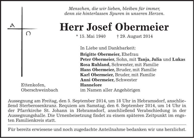 Traueranzeige Josef Obermeier