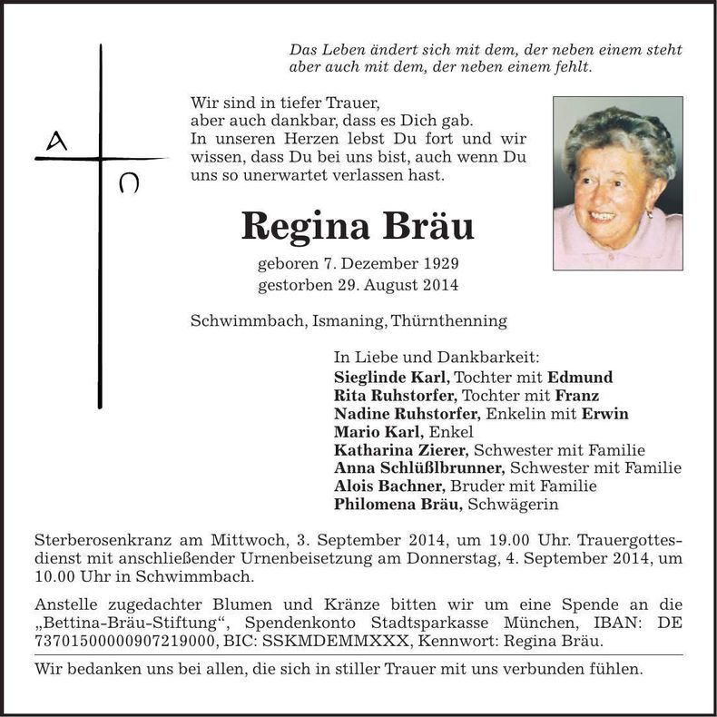Traueranzeige Regina Bräu